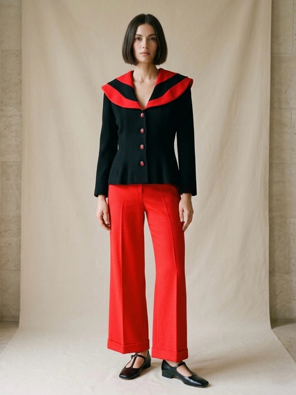 Vintage 80s Sailor Nautical Style Two Piece Suit Set Size 8 Medium Red Black